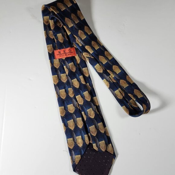 Bill Blass Necktie Men's Tie Silk Blue Gold and Grey Geometric Pattern - Picture 5 of 7